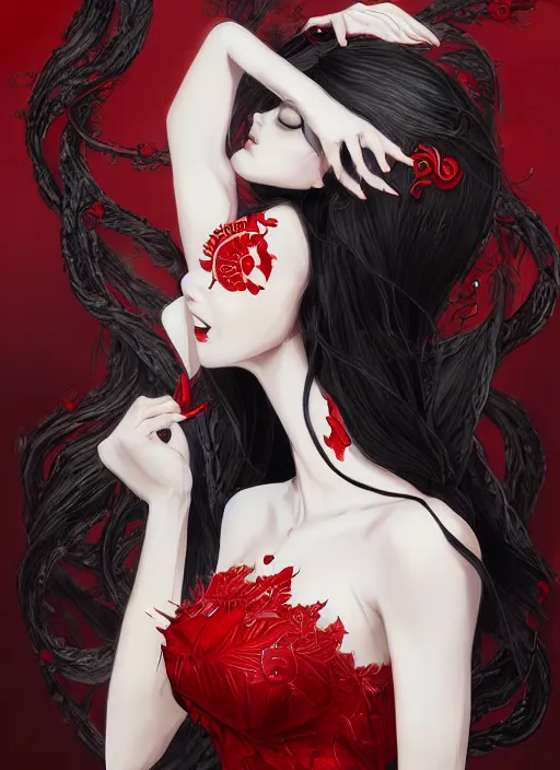 Prompt: a highly detailed illustration of beautiful long hime cut black hair white woman wearing a red dress, red eyes, dramatic smile pose, intricate, elegant, highly detailed, centered, digital painting, artstation, concept art, smooth, sharp focus, league of legends concept art, WLOP
