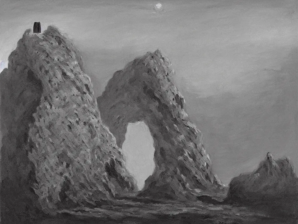 Prompt: Giant crystal rocks at the edge of a sandy beach. Mirror skull cave. Desolate, looming, trenchant, abyss. Painting by Caspar David Friedrich, Beksinski