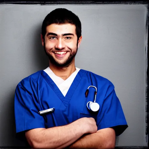 Prompt: lonely male nurse in dark blue scrubs, painting, dark colors, contrast, dark background