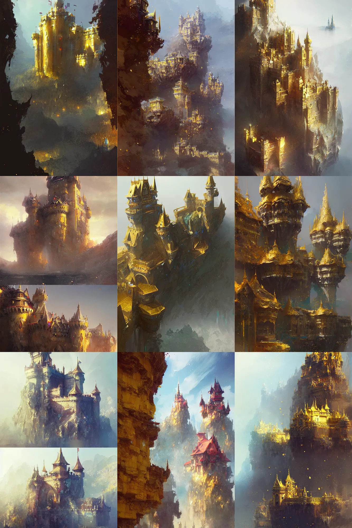 Prompt: detailed illustrations of castles made of gemstones and gold, by by ruan jia, by conrad roset, by yoshitaka amano, cgsociety, artstation.