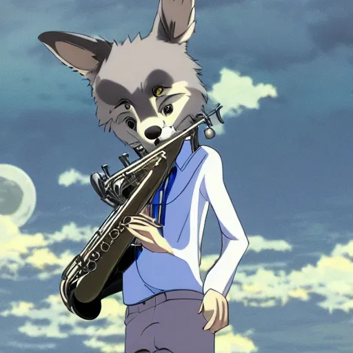 Image similar to modern anime still of beastars legoshi the anthro male grey wolf in a boarding school uniform, playing saxophone on a moonlit beach, official studio anime still