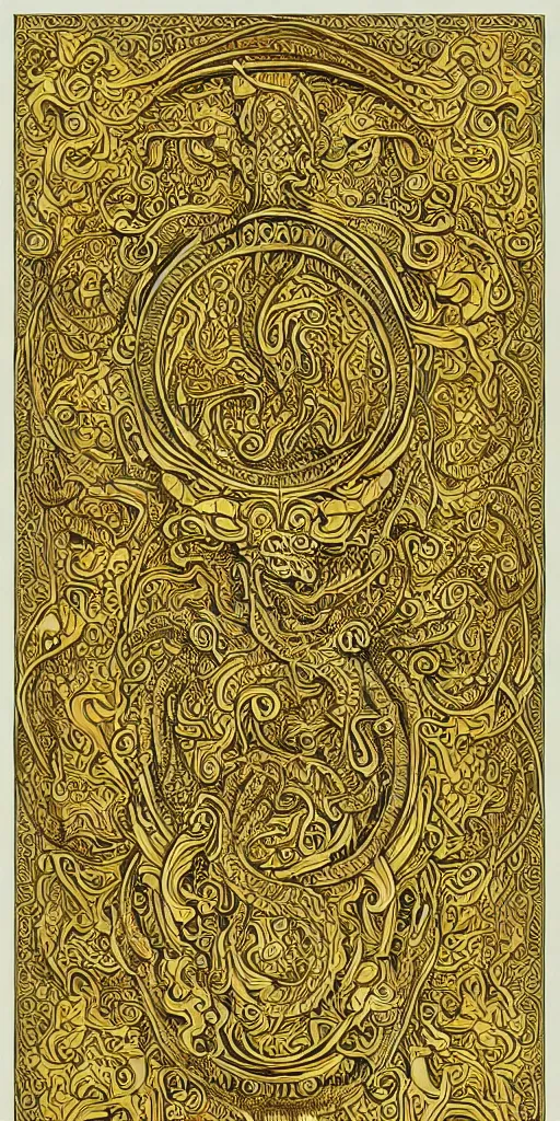 Image similar to golden paper + an intricate dragon depiction + symmetry + elaborate illustration