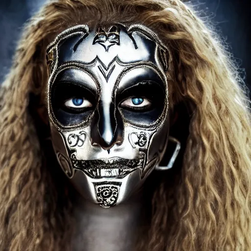 Image similar to A new dark hero for blockbuster movies. A blonde dreaded beauty with a mask of silver skulls, engraved with ancient and ultra-detailed patterns. Attractive eyes. A fearless smile. Blurred background. Earrings. Gold. Aztecs. Inca. Mexico.