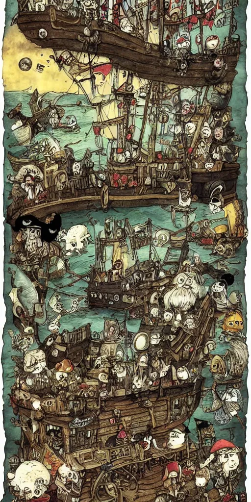 Image similar to a pirate scene by alexander jansson and where's waldo