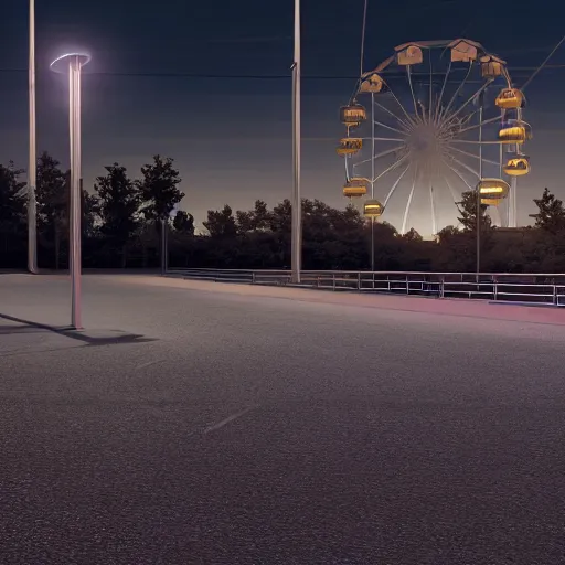 Prompt: one ferris wheel at night in an empty parking lot, hyperrealistic, concept art, octane render, unreal engine 5, trending on artstation, high quality, highly detailed, 8 k hdr, soft lighting, path traced, starry background, bloom, high coherence, symmetrical, high contrast, digital art, serene landscape, cinematic