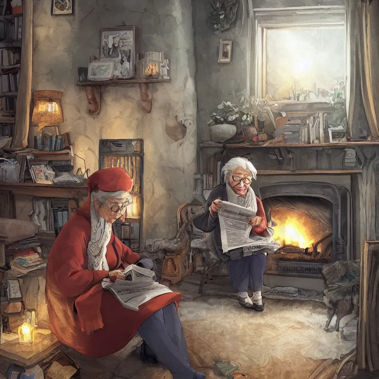 Image similar to An old lady is sitting in front of a fireplace in the living room while she reads a newspaper. Her house seems warm and cozy despite it being cold outside. She wears a sweater with a scarf wrapped around her neck. digital art, studio ghibli, highly detailed, fantasy, natural lighting, trending on artstation