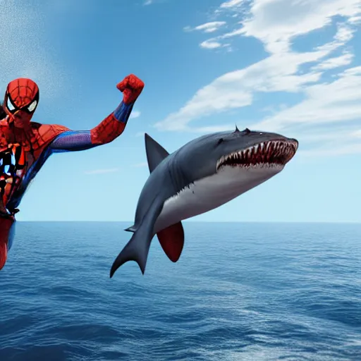 Image similar to a portrait of Spiderman punching a shark on the snout in the middle of the ocean, 8k, ultrarealistic, trending on artstation, ultradetailed, octane render,