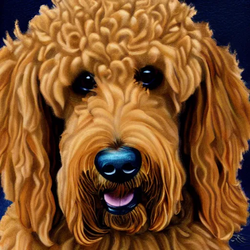 Prompt: light haired golden doodle painted as portrait of a queen intricate, hyper detailed