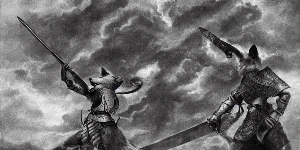 Image similar to anthropomorphic fox who is a medieval knight pointing a sword towards a stormy thundercloud 1 9 3 0 s film still, ladislas starevich