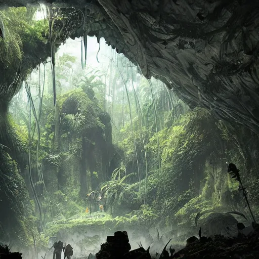 Image similar to epic, ultra detailed, hyper - real alien jungle by greg rutkowski inside a giant cave by zaha hadid