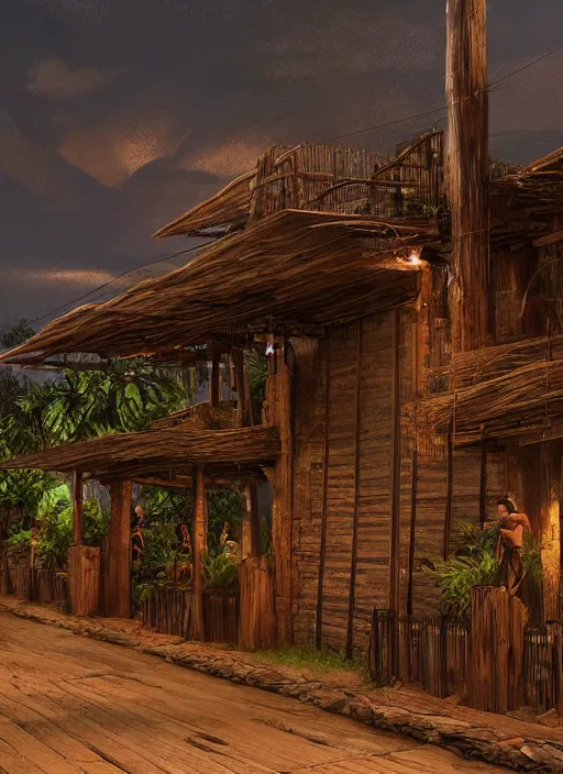 Image similar to wooden palisade wall on a tropical island kit by torches in a Storm night, intricate Details, raphael lacoste, eddie mendoza, alex ross, concept art, matte painting, highly detailed, rule of thirds, dynamic lighting, cinematic, detailed, denoised, centerd, clean render