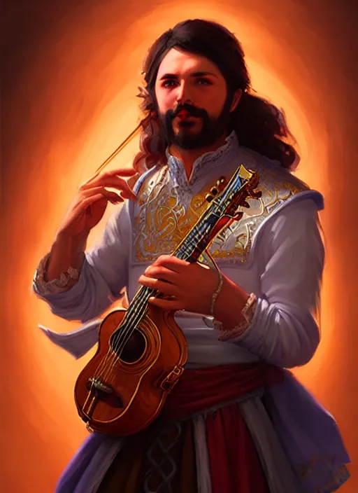 Image similar to a _ fantasy _ style _ portrait _ painting _ of charismatic bard playing instrument, rpg dnd oil _ painting _ unreal _ 5 _ daz. _ rpg _ portrait _ extremely _ detailed _ artgerm _ greg _ rutkowski _ greg