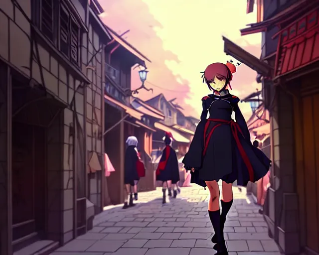 Image similar to anime still frame portrait of a young female walking through a busy medieval village, dynamic pose, dynamic perspective, detailed silhouette, cel shaded anime, ilya kuvshinov