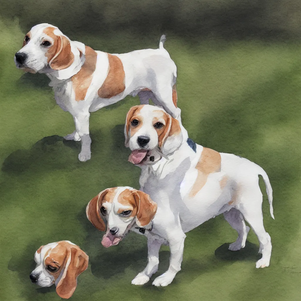 Image similar to water color painting of a white and caramel beagle dog in a backyard, harsh lighting, detailed, trending on artstation, dull pastel colors, bright, god rays, dreamy, trending on artstation