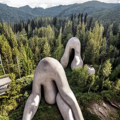 Prompt: a series of gigantic weird concrete human body parts, integrated in the mountains, surrounded by vegetation, perspective shot from the sky, realistic, by origiful, 4 k