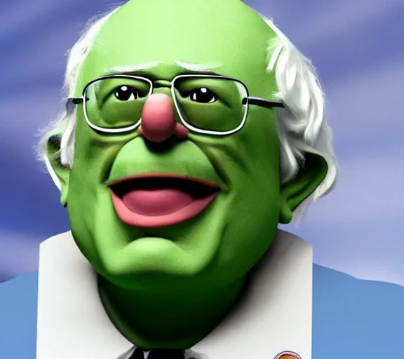 Image similar to bernie sanders face made of the mascot character jolly green giant, closeup detailed