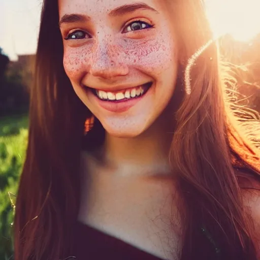 Image similar to beautiful hyperrealism selfie of a cute young woman smiling softly, long light bronze brown hair, cute freckles, flushed face, red blush, small heart - shaped face, soft features, emerald green eyes, golden hour, 8 k, sharp focus, instagram