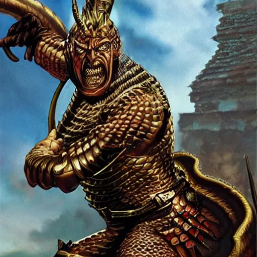 Prompt: serpent - man warlord - king, wearing glorious bronze age plate armor, horrific background, high quality, high definition, 8 k, photograph photorealistic by alex ross