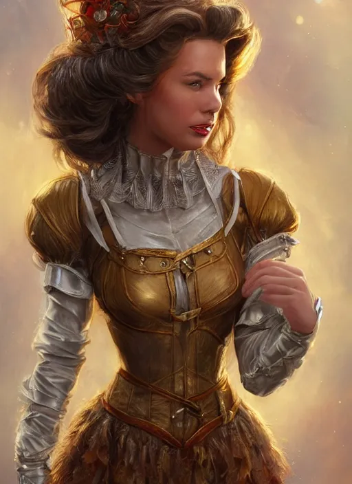 Image similar to beautiful female dorothy gale, rebecca romijn as dorothy, full body character concept, full leather armor, super powers, fantasy, intricate, elegant, highly detailed, digital painting, artstation, concept art, shining, sharp focus, illustration, art by stanley lau