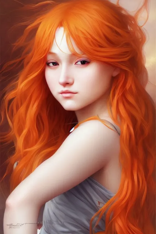 Prompt: nami, long orange hair, brown eyes, beautiful body, digital art from artstation by artgerm and william - adolphe bouguereau