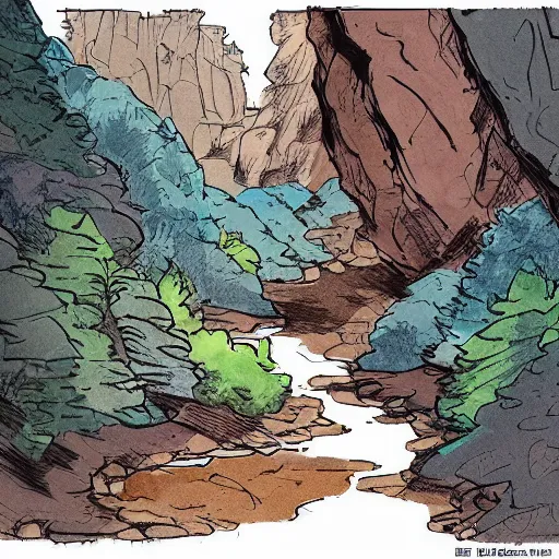 Prompt: illustration of a canyon landscape, (inktober), line art, ((water color)), by Bill Waterson, By Jake Parker, by Brian Kesinger