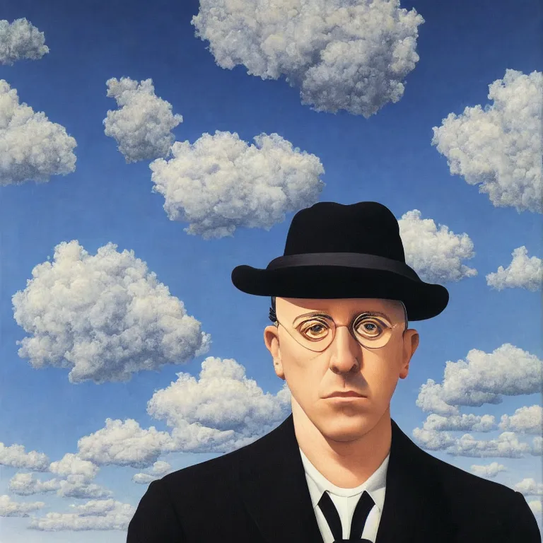 Prompt: portrait of maynard james keenan, clouds in the background, by rene magritte, detailed painting, distance, middle centered, hd, hq, high resolution, high detail, 4 k, 8 k