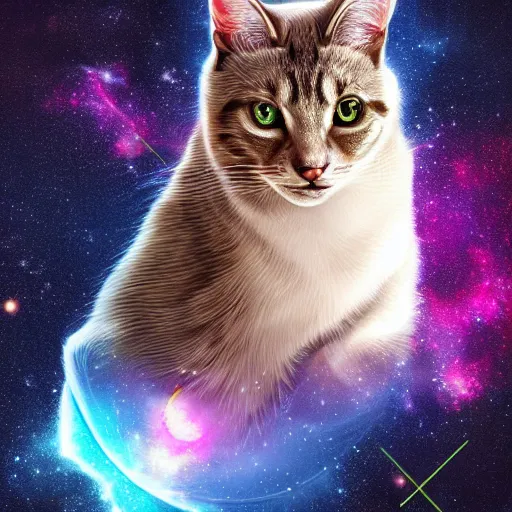 Image similar to geometric symmetrical house cat with galaxy eyes in space, nebula in the background, intricate, elegant, highly detailed, digital painting, artstation, concept art, smooth, sharp focus, illustration, art by artgerm