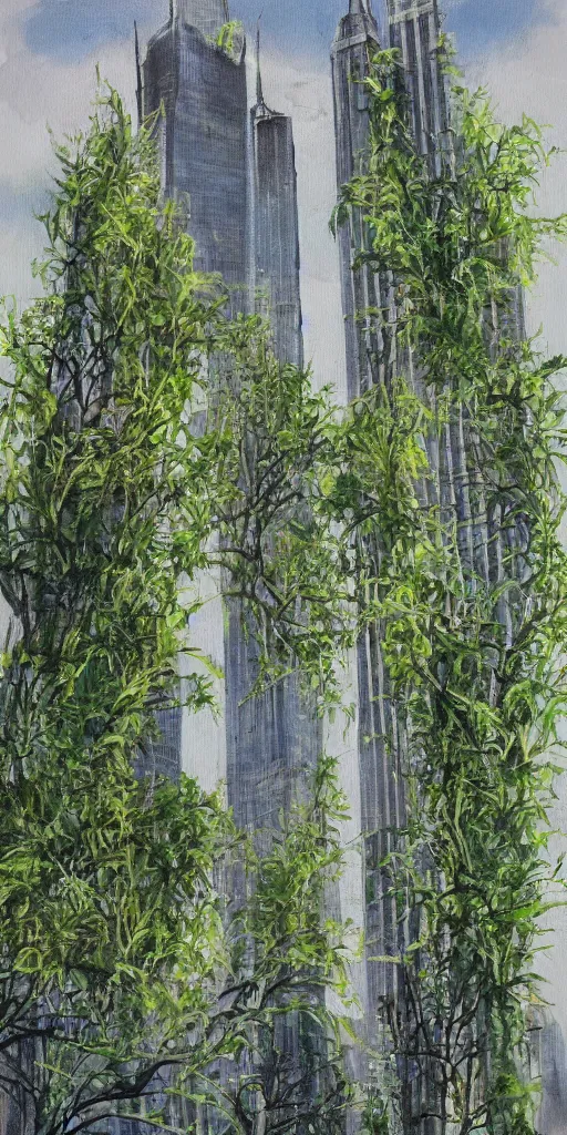 Prompt: Painting of the Twin Towers overrun with plant life, fantasy, cityscape, greenery