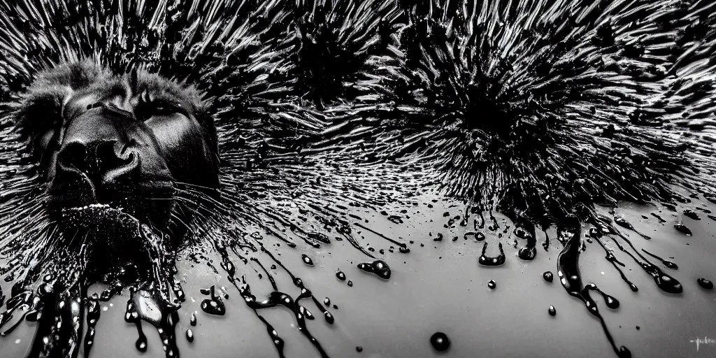 Image similar to the black lioness made of ferrofluid, reforming from a puddle of tar, viscous, sticky, full of black goo, covered with black goo, splattered black goo, dripping black goo, dripping goo, splattered goo, sticky black goo. photography, dslr, reflections, black goo, zoo, exhibit