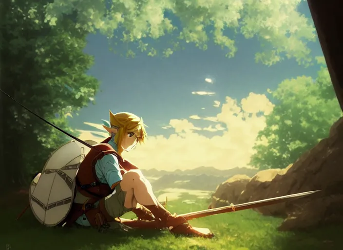 Image similar to cinematic full anime portrait of link from zelda resting with his bow at his tent. intricate, elegant, highly detailed, digital art, artstation, concept art, smooth, sharp focus, illustration, by stanley artgerm, greg rutkowski, studio ghibli, alphonse mucha, norman rockwell 8 k