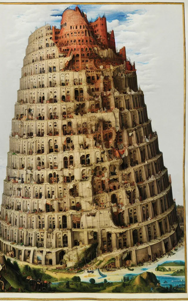 Image similar to a cutaway view of the tower of babel by pieter breugel the elder