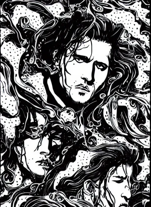 Image similar to black and white pen and ink!!!!!!! Johnny Depp x Ryan Gosling wearing cosmic space robes made of stars final form flowing royal hair golden!!!! Vagabond!!!!!!!! floating magic swordsman!!!! glides through a beautiful!!!!!!! Camellia flower battlefield dramatic esoteric!!!!!! Long hair flowing dancing illustrated in high detail!!!!!!!! by Moebius and Hiroya Oku!!!!!!!!! graphic novel published on 2049 award winning!!!! full body portrait!!!!! action exposition manga panel black and white Shonen Jump issue by David Lynch eraserhead and beautiful line art Hirohiko Araki!! Rossetti, Millais, Mucha, Jojo's Bizzare Adventure, baroque bedazzled gothic royalty frames surrounding a pixelsort emo demonic horrorcore japanese Edward Scissorhands, sharpened early computer graphics, remastered chromatic aberration, spiked korean bloodmoon sigil stars draincore, gothic demon hellfire hexed witchcore aesthetic, dark vhs gothic hearts, neon glyphs spiked with red maroon glitter breakcore art