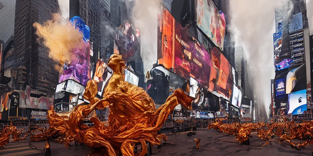 Image similar to 'Deamons unleashed in Times Square' by István Sándorfi royally decorated, whirling smoke, embers, gold encrustations , gilt silk torn fabric, radiant colors, fantasy, perfect lighting, studio lit, volumetric lighting, micro details, 3d sculpture,