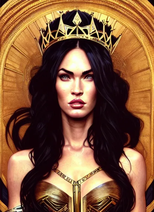 Prompt: portrait of megan fox as a queen, throne, jewelry, greek, black, intricate, headshot, highly detailed, digital painting, artstation, concept art, sharp focus, cinematic lighting, illustration, art by artgerm and greg rutkowski, alphonse mucha, cgsociety