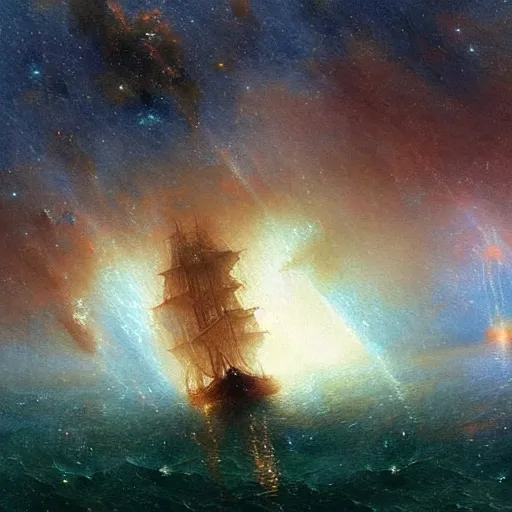 Image similar to sailing ship, cosmic nebula!!!!!!!!!!!!!, artstation, by andrea rocha, by ivan aivazovsky, by john harris, impressionism, watercolor, dramatic scenery, hdr