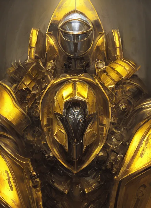 Image similar to dynamic attack position abstract portrait of a intricate glorious holy mechanical warforged character in yellow armor holding a paladin engraved great longsword drawn and carrying a big paladin shield, scoop light coming from the middle of the face , face in focus, epic , trending on ArtStation, masterpiece, cinematic lighting, by Ross Tran and by Greg Rutkowski