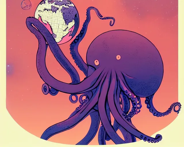 Image similar to a cell shaded an octopus with the planet earth globe as his body, illustration, full body wide shot, subtle colors, post grunge, concept art by josan gonzales and wlop, by james jean, Victo ngai, David Rubín, Mike Mignola, Laurie Greasley, highly detailed, sharp focus, alien, Trending on Artstation, HQ, deviantart, art by artgem