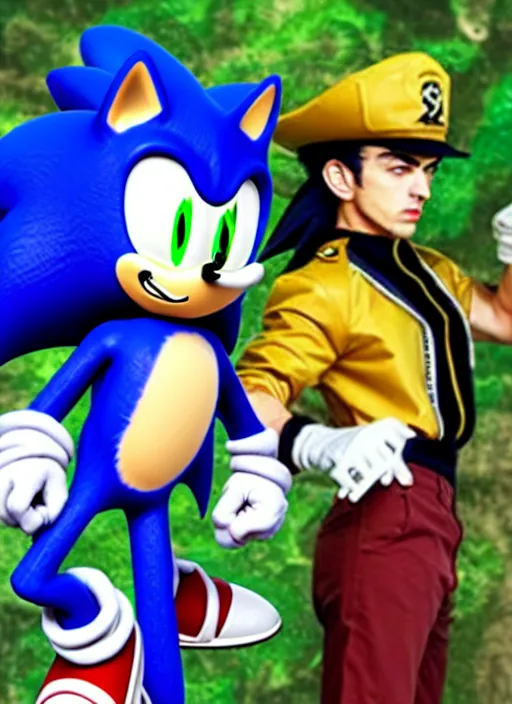 Image similar to sonic the hedgehog and jotaro kujo from jojo's bizarre adventure hanging out, photorealistic