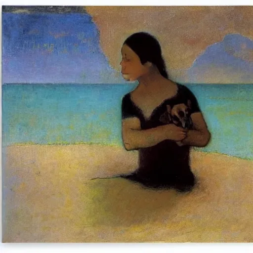 Image similar to a woman and her black and brown chihuahua at the sea by odilon redon