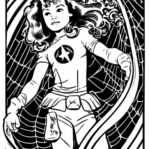 Prompt: a little girl with a mischievous face and light brown curly wavy hair. she is dressed as captain america, spider - man, batman, captain marvel, a superhero. well composed, clean elegant coloring book page, beautiful detailed face. line art by steve ditko and jack kirby and alphonse mucha