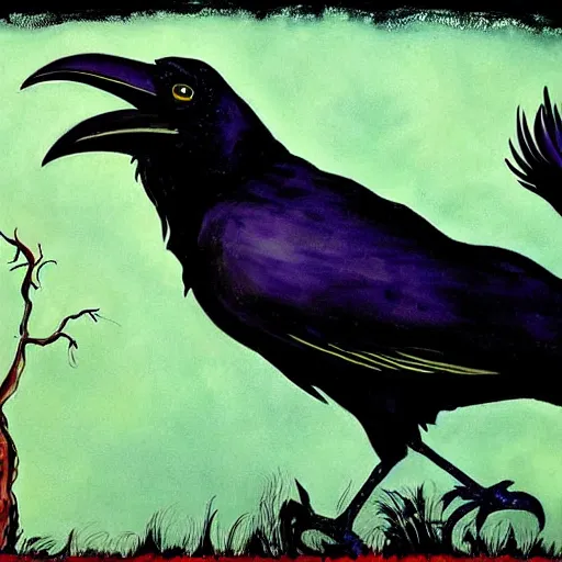 Image similar to fantasy painting of a raven by dr seuss | horror themed | creepy