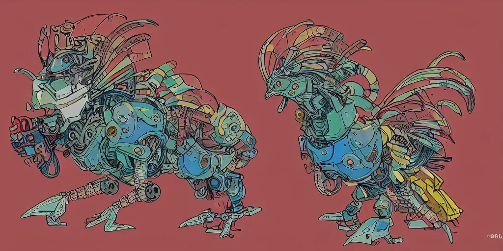 Image similar to illustration of a fully armored mechanical rooster, diselpunk, mix of styles, studio ghibli color scheme