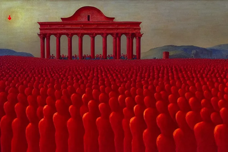 Image similar to only with red, a red great emperor, taormina amphitheatre, crowd with big smile, in the style of beksinski, parts by edward hopper, parts by rodcenko, parts by yue minjun, intricate and epic composition, red by caravaggio, insanely quality, highly detailed, masterpiece, red light, artstation, 4 k