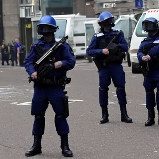 Image similar to film still, policemen, in 2011 London riots