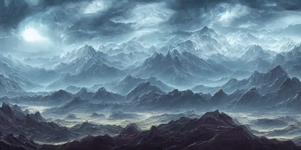 Image similar to The eldritch landscape with mountains in the background and great river down the middle, Sci-Fi fantasy desktop wallpaper, painted, 4k, high detail, sharp focus