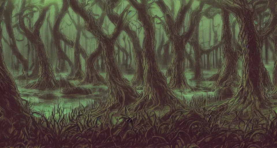 Prompt: A dense and dark enchanted forest with a swamp, by don bluth