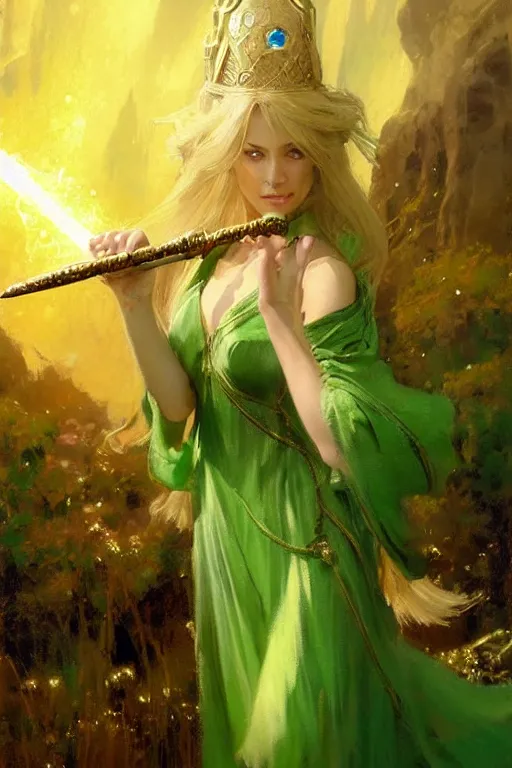 Image similar to blonde female wizard in a green dress, holding a magical sceptre, and wearing a gold ring portrait dnd, painting by gaston bussiere, craig mullins, greg rutkowski, yoji shinkawa