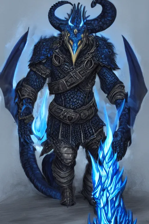 Prompt: a D&D character of a dark blue dragonborn with blue flame burning half his face, he has large tusks, he wears a black dragon scales armor, D&D concept art