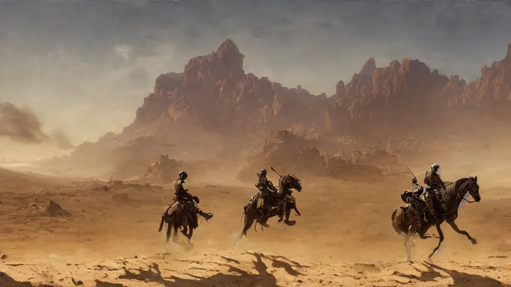 Image similar to a person riding a horse in the desert in the foreground, a battle between soldiers and 1920's bipedal mechs in the distance, mountains in the background, a large steampunk airship patrolling above, painted by Jakub Rozalski