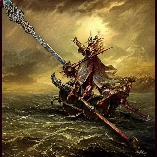 Image similar to the sword dragnipur, which contains a wagon fleeing from the sea of chaos, fantasy art